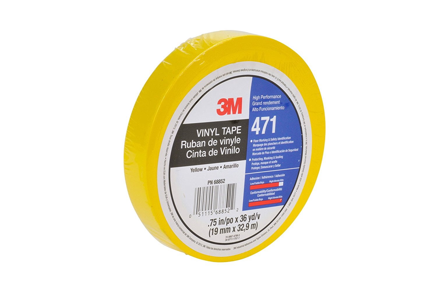 Floor Marking Tape, vinyl, No Legend, Yellow, 3/4 in W., 5.2 mil Thickness 471