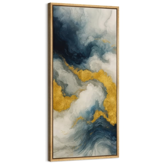 Large Framed Canvas Art Blue Gold Abstract Print for Modern Living Room Bedroom Wall Decor - 60"x30" Natural Framed