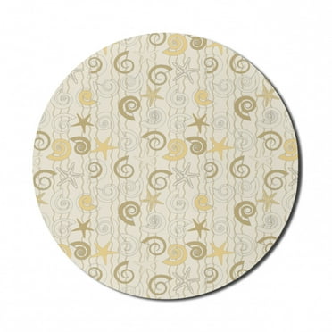 Nautical Mouse Pad for Computers, Sea Shells and Starfishes on Background with Vertical Curly Stripes, Round Non-Slip Thick Rubber Modern Mousepad, 8" Round, Eggshell Khaki Mustard, by Ambesonne