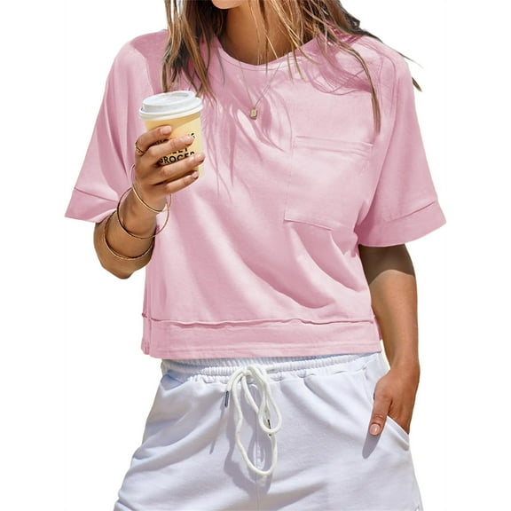 Womens Oversized Crop Tops Workout Short Sleeve T Shirts Summer Casual Loose Fit Basic Tee Shirts with Pockets