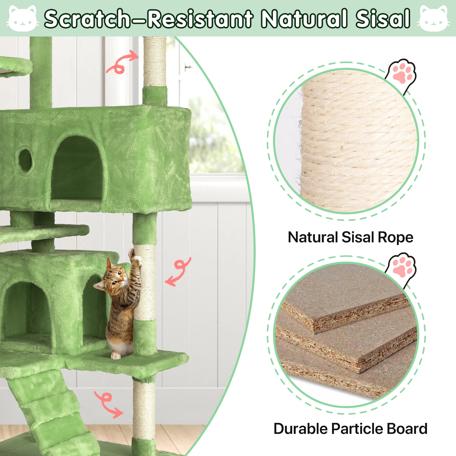70" Cat Tree Cat Condo Cat Trees and Towers Multi-Level Activity Center Cat Playhouse with Sisal Scratching Posts & Perch for Kittens, Easy to Assemble, Green