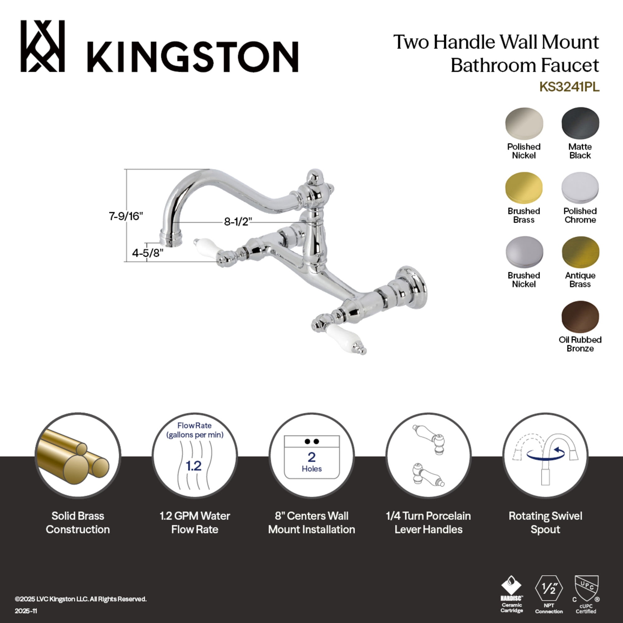 Kingston Brass KS3243PL Vintage Double-Handle Wall Mount Bathroom Faucet, Antique Brass