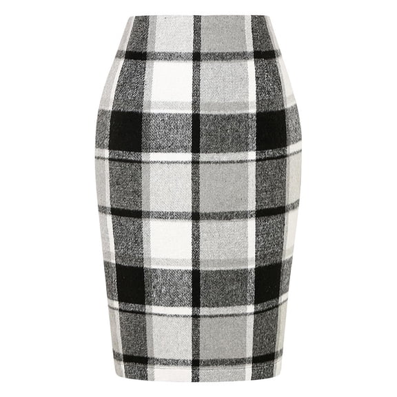 Women’s High Waist Plaid Pencil Skirt Classic Checkered Print Slim Fit Office Business Casual Wear Skirt for All Gray L