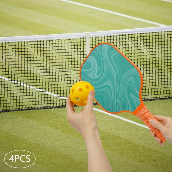 Pickleball Paddle Set for All Ages, 4 Paddles, 2 Indoor and 2 Outdoor Balls, Lightweight Fiberglass Construction, Comfortable Rounded Edges for Easy Play