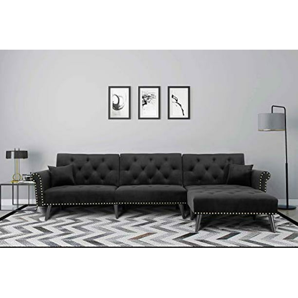 Coodenkey Modern Velvet Sectional Couch Convertible L Shape Sofa Bed Sleeper Reversible Chaise With 2 Pillows Adjustable Back For Living Room Black Com Coodenkey Modern Velvet Sectional Couch, Convertible Sectional Sofa Bed With Chaise