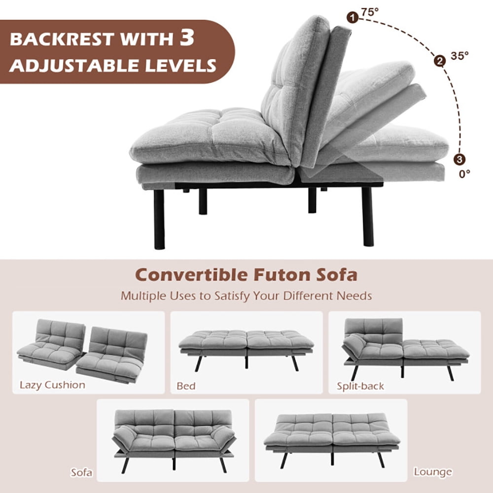 Finihen Sofa Bed, Convertible Memory Foam Couch Bed, Convertible Memory Foam Futon Sofa Bed with Adjustable Armrest, for Living Room, Gray