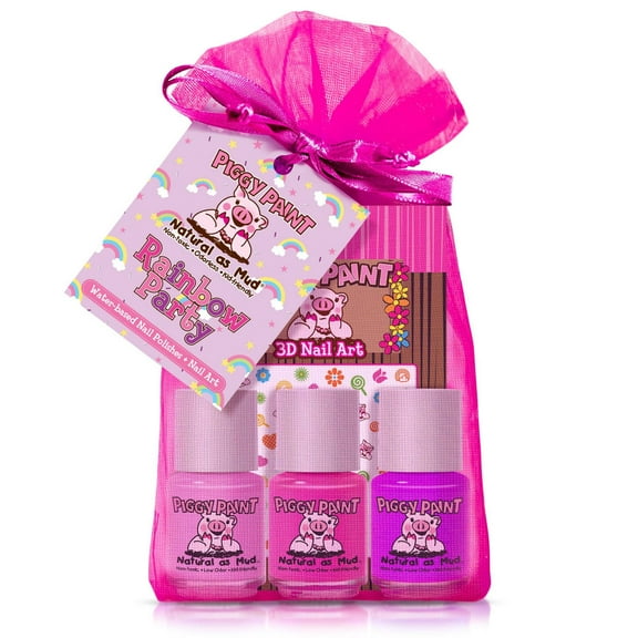 Piggy Paint Rainbow Party Gift Set for Kids, 3 Non-toxic Nail Polishes & Nail Art