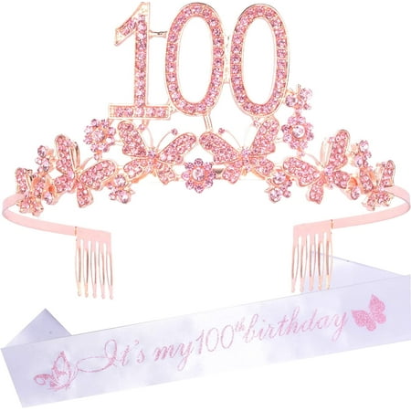 DORADREAMDEKO 100th Birthday Sash and Tiara for Women – Fabulous Glitter Sash + Butterflies Rhinestone Pink Premium Metal Tiara for Her 100th Birthday Gifts for 100 Celebration