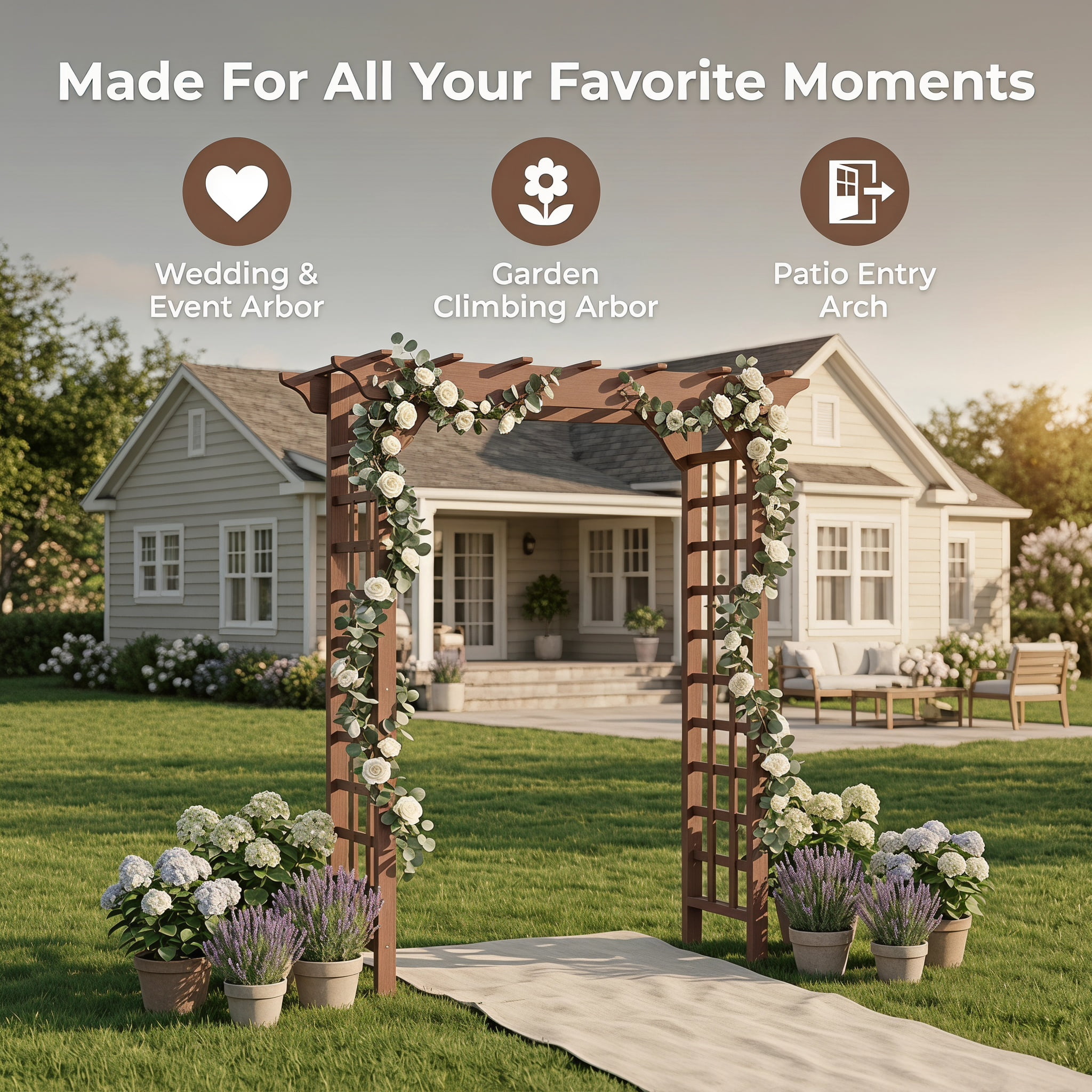 Wooden Garden Arbor with Lattice Trellis Pergola Top Outdoor Wedding Backdrop Plant Climbing Support
