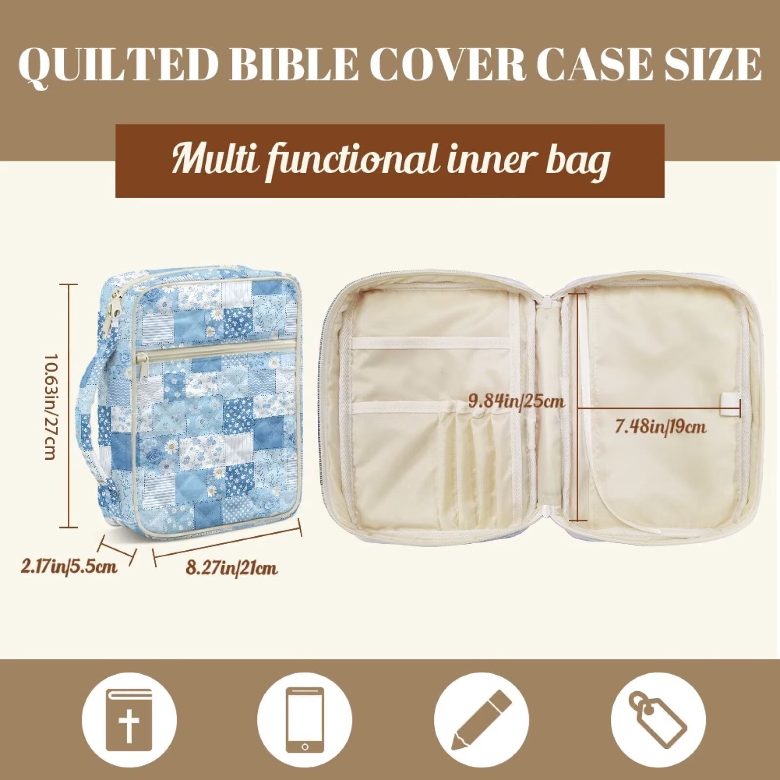 Pzuqiu Blue Daisy Bible Covers with Handle&Bookmark Accessories Elegant Large Capacity Church Scripture Case for Women Carrying Case Study Supplies Accessories for Book Lovers
