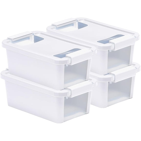 Curver VersaBox Storage Box with Latching Lid, Stackable, Extra Small, White, Set of 4