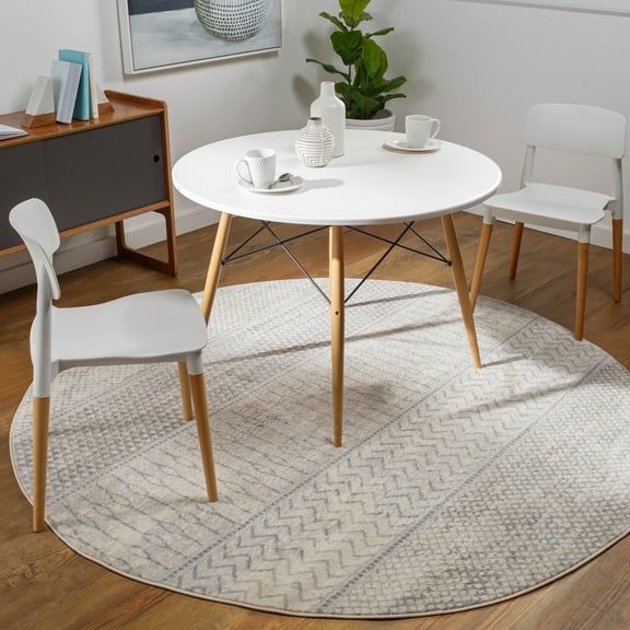 Livabliss Area Rugs for Living Room, 7ft Round Monaco Global Gray Round Rug, Bedroom Dining Room Home Decor Stain Resistant Carpet (6'7" x 6'7")