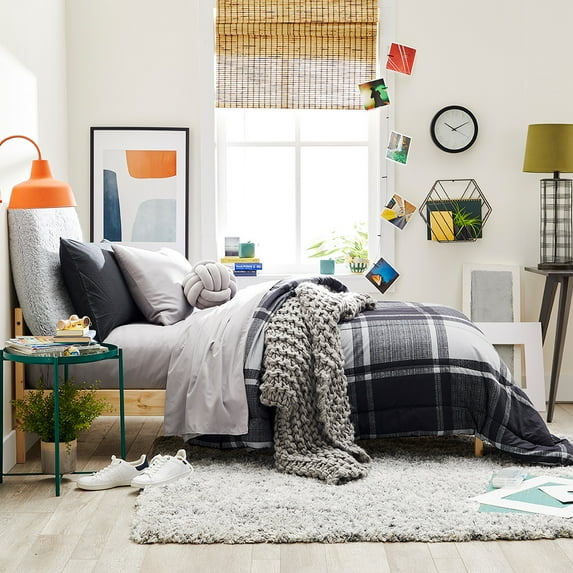 Fully Reversible Comforter in Wonderland, Full and Queen Size, Black & Gray Plaid, by OCM