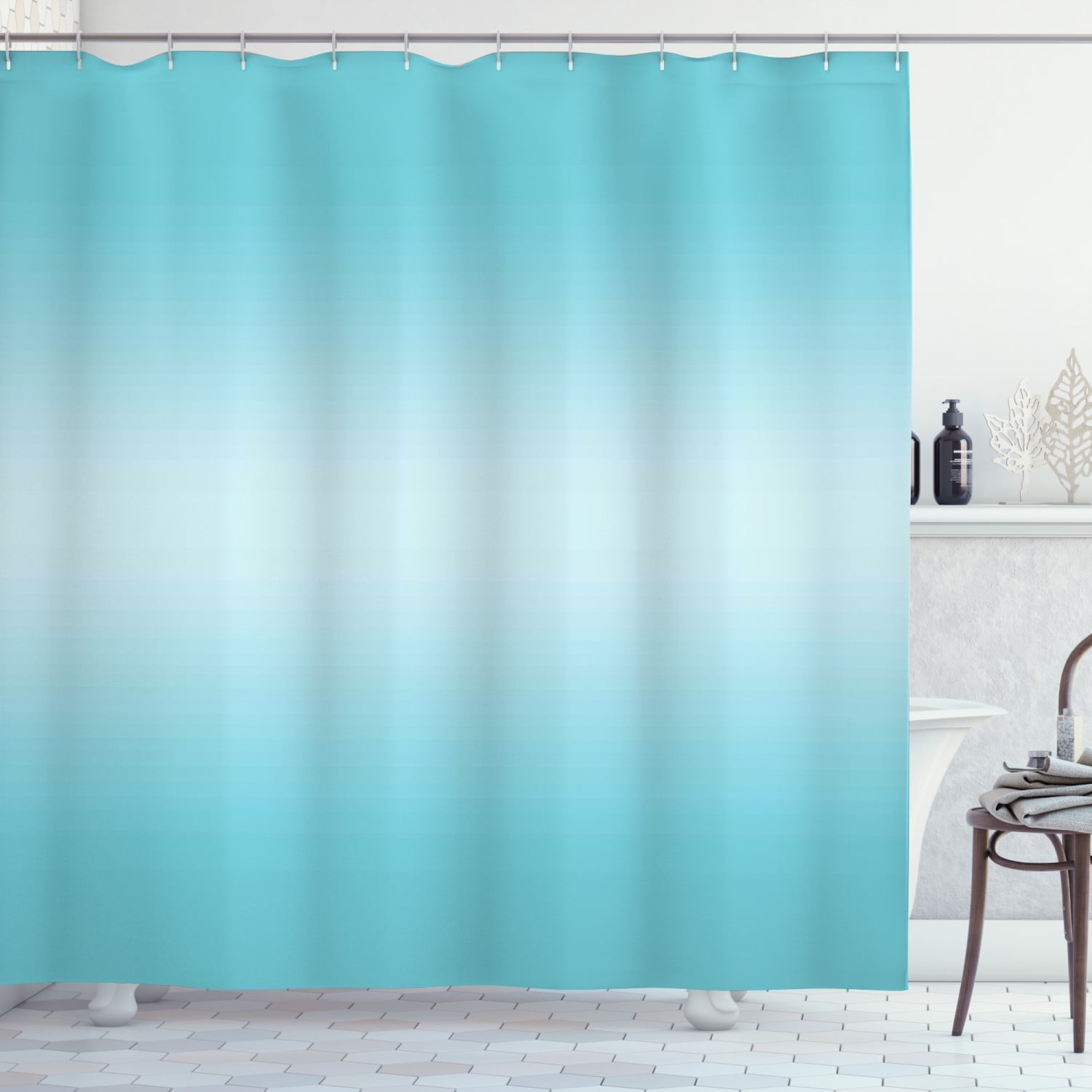 Modern Simple Light Blue Ombre Horizontal Striped Shower Curtain Set With Hooks 