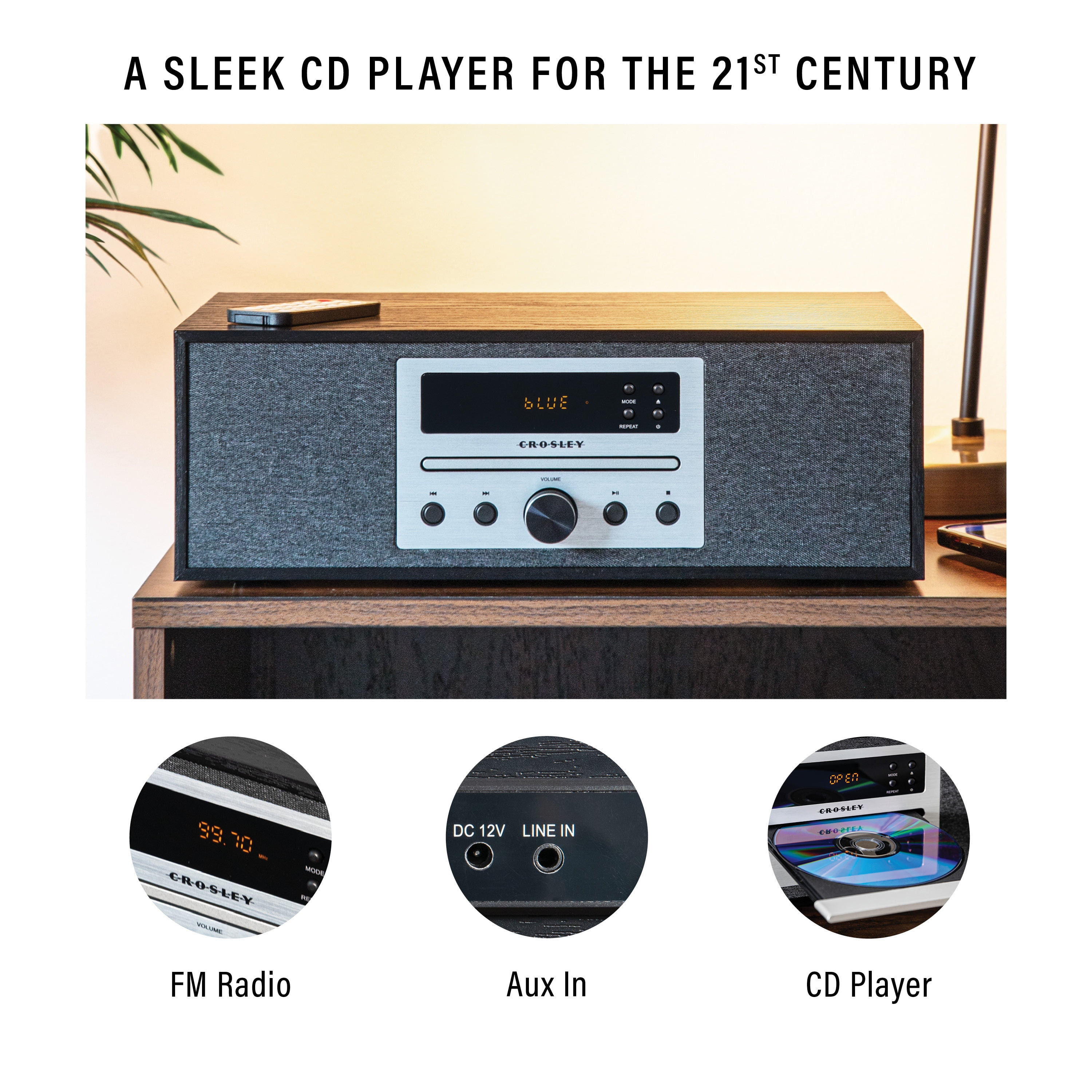 Crosley Finn AM/FM Radio CD Player with Stereo Bluetooth Speakers, Wireless Music Streaming