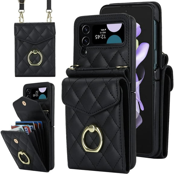 Phone Case for Samsung Galaxy Z Flip 4 5G 2022 Wallet Cover with RFID Blocking Ring Crossbody Wrist Strap Stand Credit Card Holder Leather Cell Accessories ZFlip4 Z4 Flip4 4Z Women Men Black