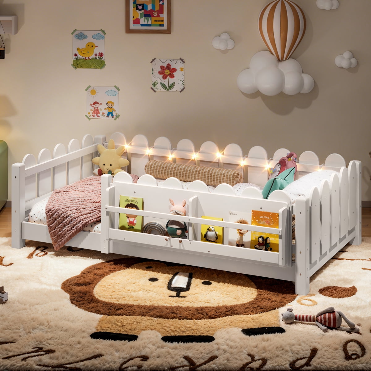 Twin Size Floor Bed with Guardrail and Bookshelf, Kids Montessori Bed with Led Lights, Childlike and Farm Style Design,Beige