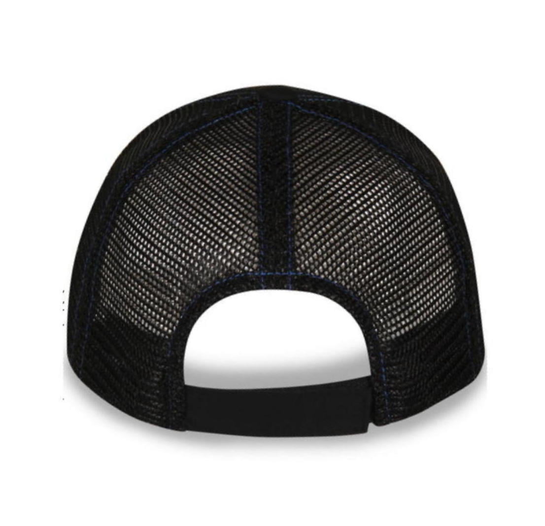 MOPAR Trucker Style Hat, Vented Mesh Back, Embroidered Logo, Adjustable, 65% Brushed Cotton 35% Polyester, Black w/ Blue Trim, One Size Fits Most