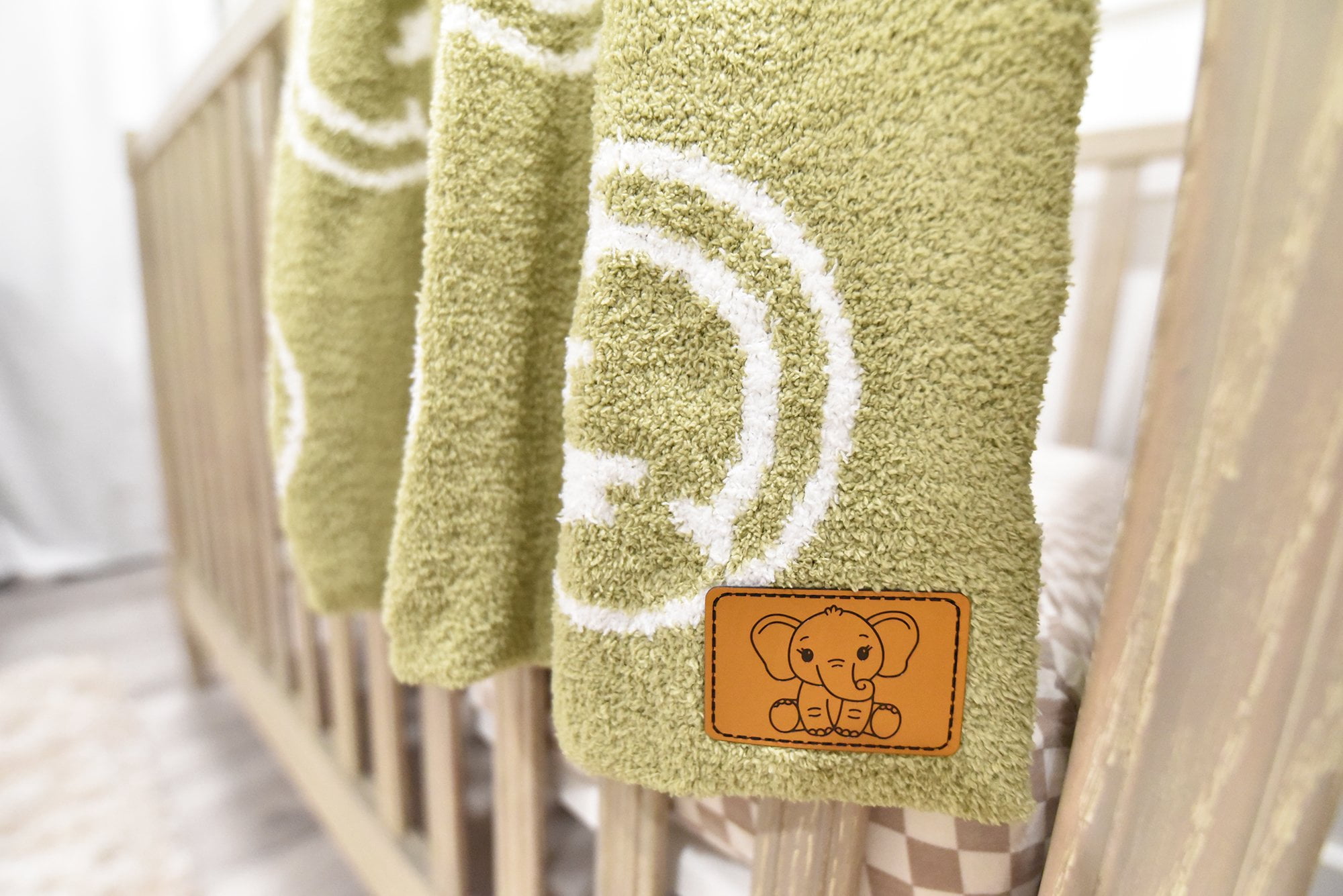 Checkered Smiley Face Baby Blanket 28"x40" with Leather Patch - Soft Knitted Throw - Receiving Blanket/Newborn Gift Green/White Lightning Bolt