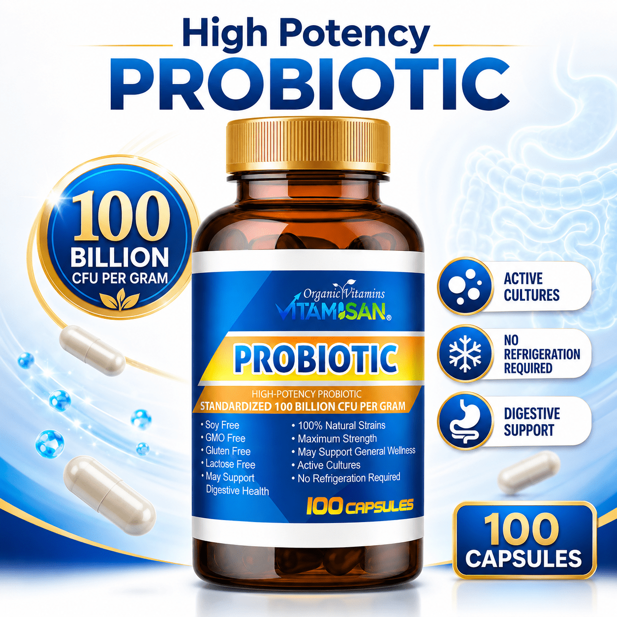2 Bottles – Probiotic 100 Billion CFU + Plant Enzymes – 200 Caps – Advanced Digestive Support