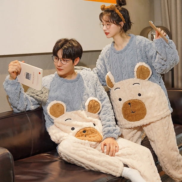 Pijamas de pareja de otoño e invierno con forro polar grueso y cálido de coral para mujer, conjunto de ropa de invierno para el hogar con bonitos dibujos animados para hombre