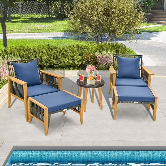 Costway 5 Pcs Patio Acacia Wood Wicker Woven Furniture Set with Coffee Table & 2 Ottomans Navy
