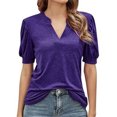 thumbnail image 2 of Chemise pour Femmes à Manches Courtes Top V Col Chemise Femmes Rayé Blouse Décontractée, Violet, XL, 2 of 3
