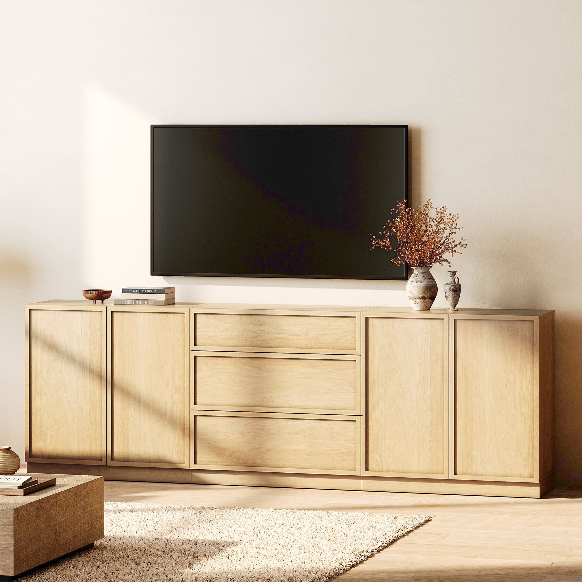 WAMPAT Modern TV Stand for TVs Up to 100", 3-in-1 Entertainment Center TV Console with 6 Doors and Adjustable Shelf, Wooden Media Console Cabinet for Living Room, Bedroom