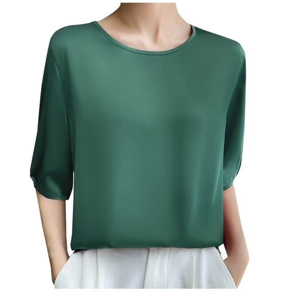 Uaswgudfs Women's 2025 Summer Ice Silk Blouse-Tee - Relaxed 3/4 Sleeve Casual Top with Breathable Comfort & Resort-Ready Style
