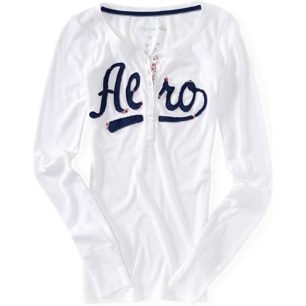 Aeropostale Womens Script Henley Shirt, Blanco, Grande Aeropostale henley