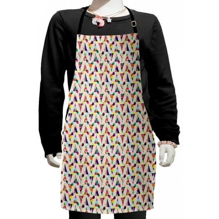 Geometric Kids Apron, Colorful Retro Style Triangles and Circles on a Grunge Background, Boys Girls Apron Bib with Adjustable Ties for Cooking Baking Painting, Eggshell and Multicolor, by Ambesonne