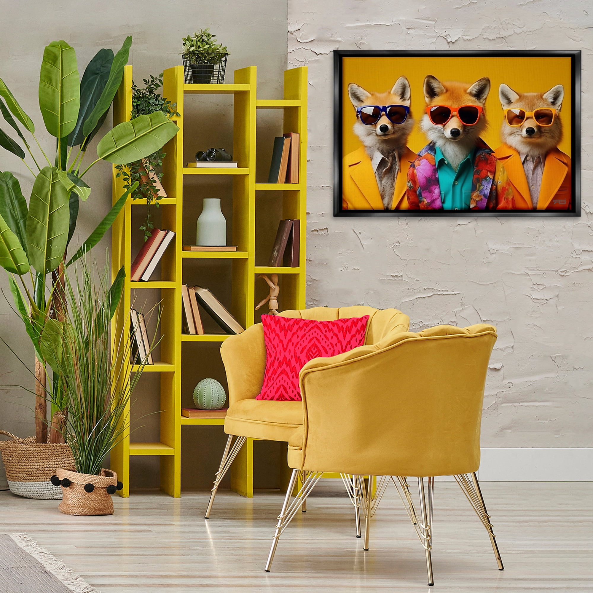Stupell Industries Stylish Fashion Foxes Animals & Insects Painting Black Floater Framed Canvas Art Print Wall Art, 31 x 21