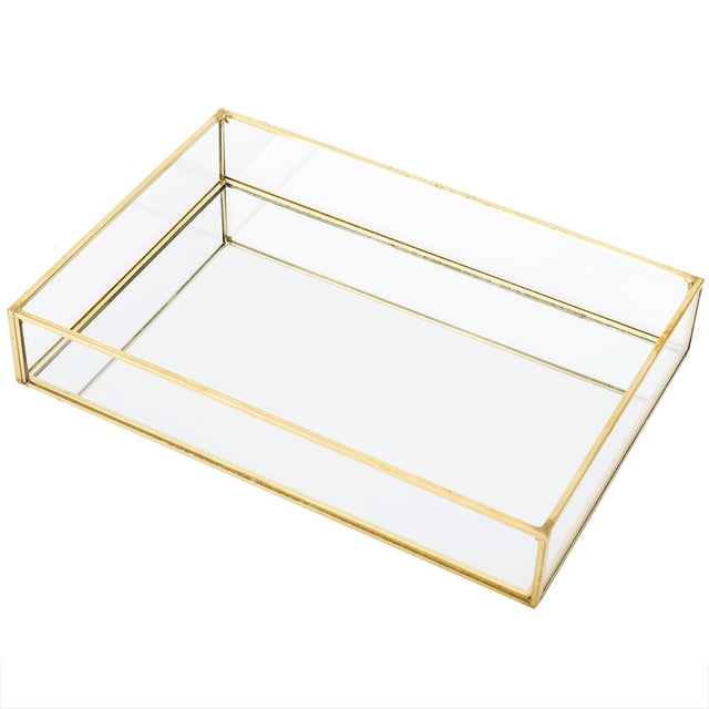 Biuzi Cosmetics Storage Box, Vintage Clear Glass Tray Jar Candle Holder Jewelry Storage Organizer Cosmetics Display Boxes (L)