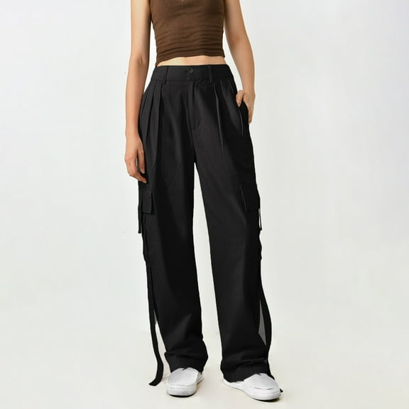 lulshou Cargo Pants for Women Fashion Casual Low Waist Button Work Pants Solid Color Sports Skinny Pants with Pockets