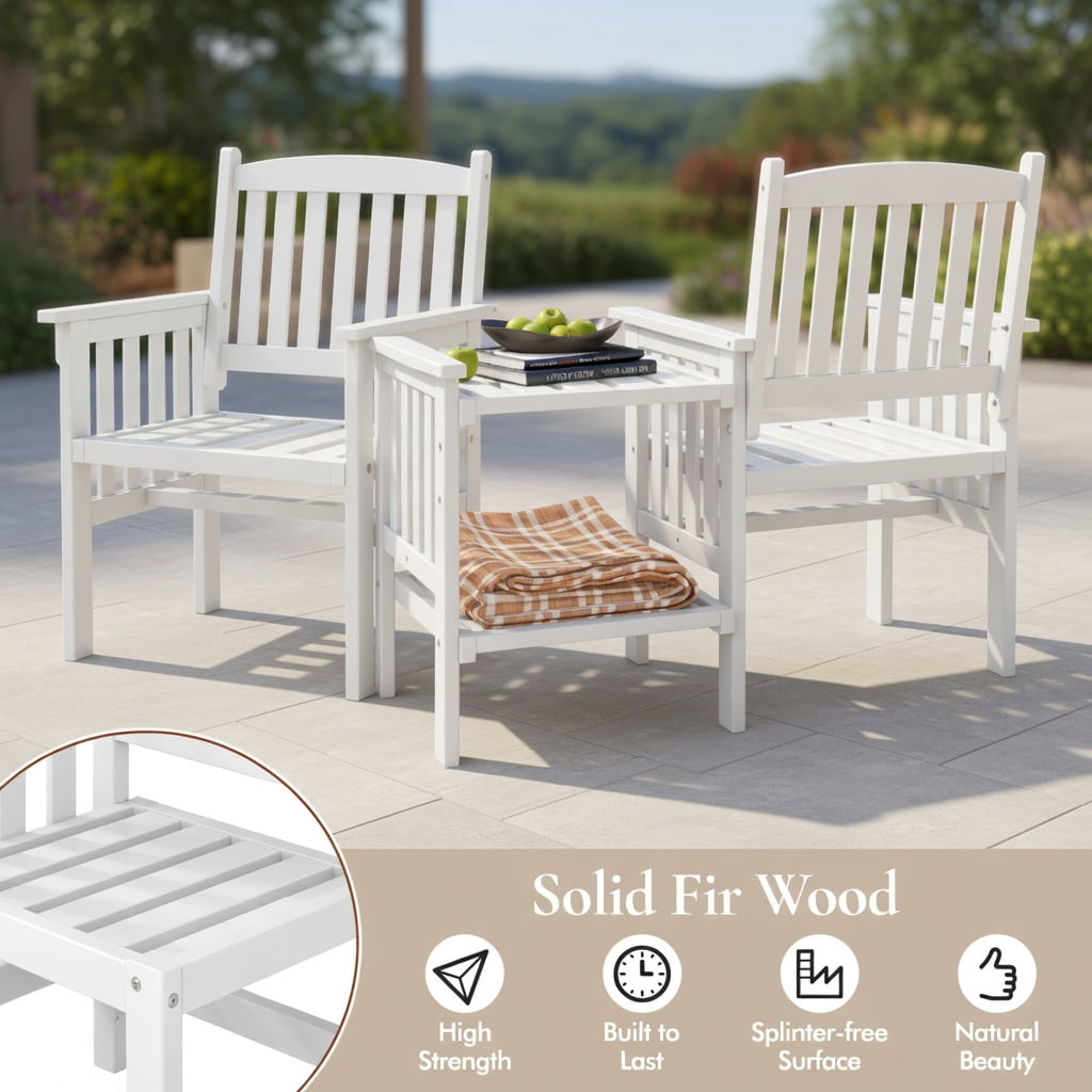 Hommoo Outdoor Fir Wood Loveseat Set with 2-Tier Side Table & 1.96-Inch Umbrella Hole, White