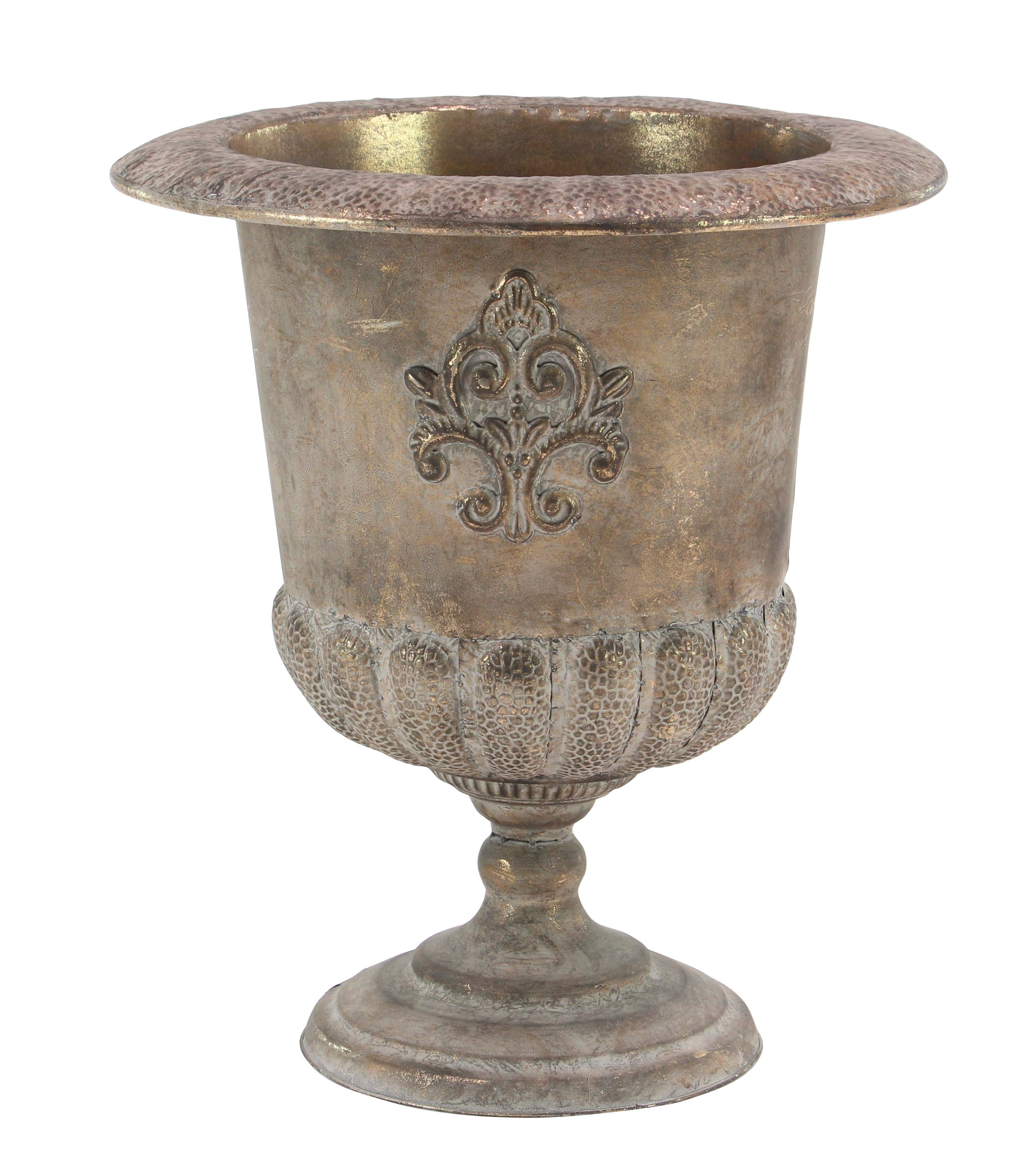 Decmode Traditional Iron Urn Planter With Scrollwork Design, Gold