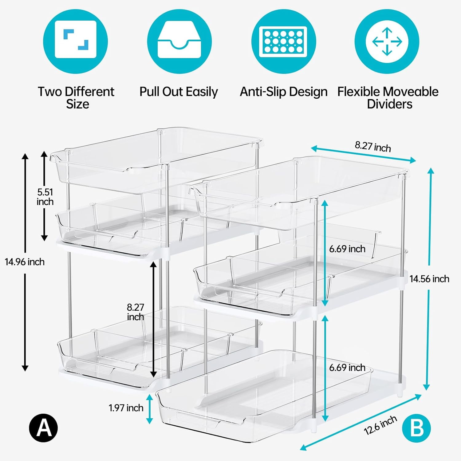 Delamu 2-Pack 3-Tier Pull-Out Under Sink Organizer, Stackable Sliding Storage Shelves for Bathroom Kitchen Pantry (White)