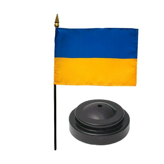 Ukraine Desk Flag with Base; American Made Rayon 4x6 inch Miniature Table Set Includes One Small Mini Country Stick Flags and One Black Stand (Ukrania Desk Flag and Base)