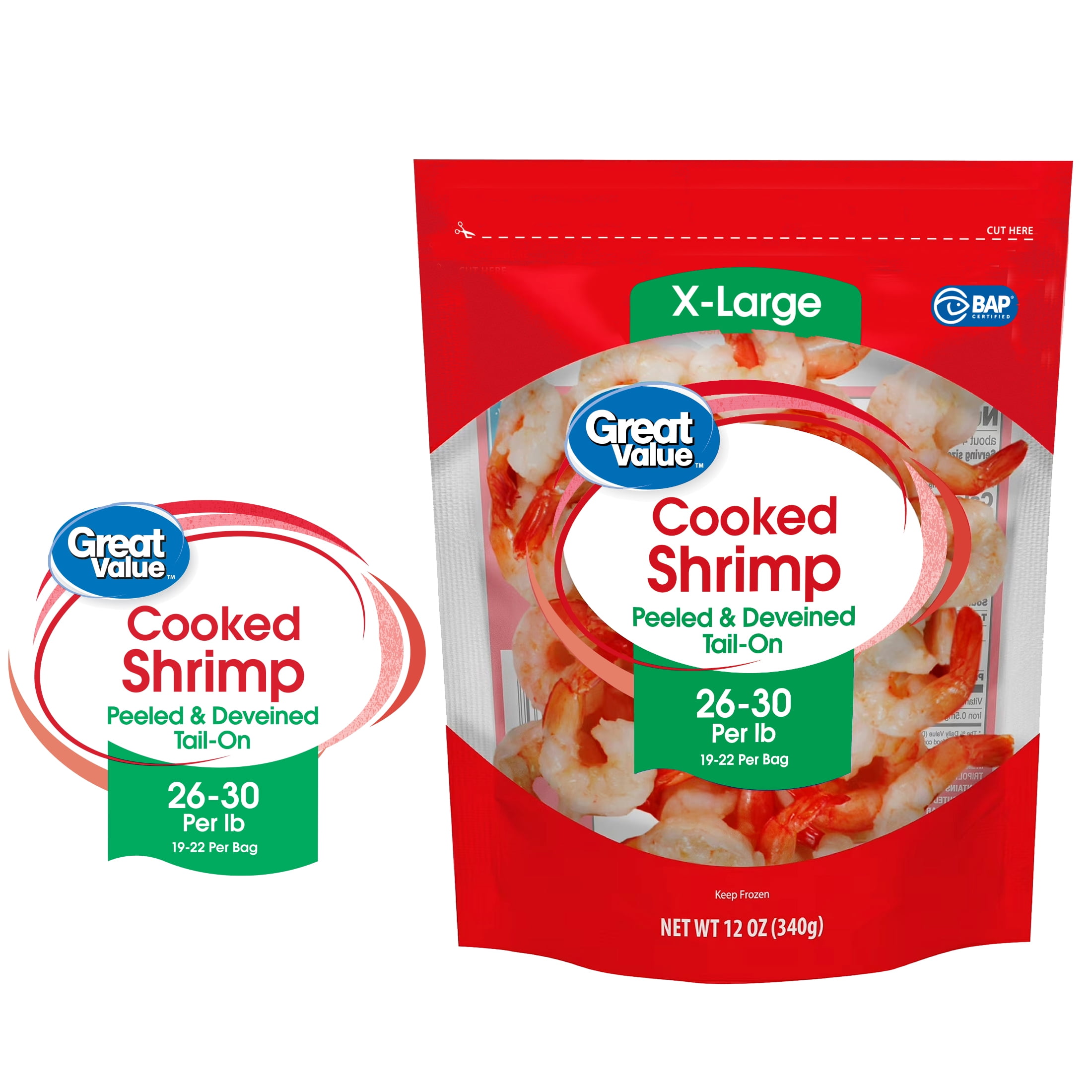 Great Value Frozen Cooked Extra Large Peeled & Deveined, Tail-on Shrimp, 12 oz Bag (26-30 Count per lb)