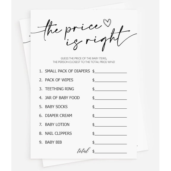50 Baby Shower Price Is Right Game Cards – Fun Baby Shower Activity, Gender Neutral for Boy or Girl, Minimalist Script Design
