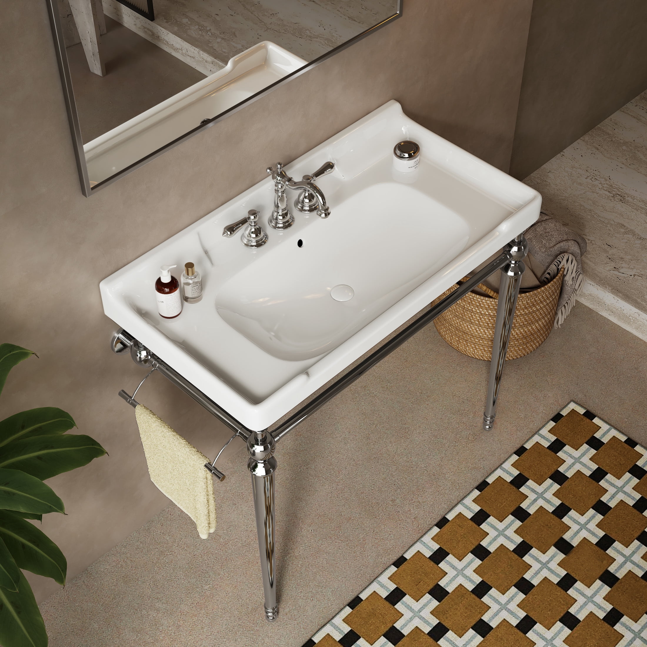 Noble House VICI 36" Bathroom Console Sink, Wall-Mounted Ceramic Basin Vanity with Stainless Steel Legs, White & Chrome