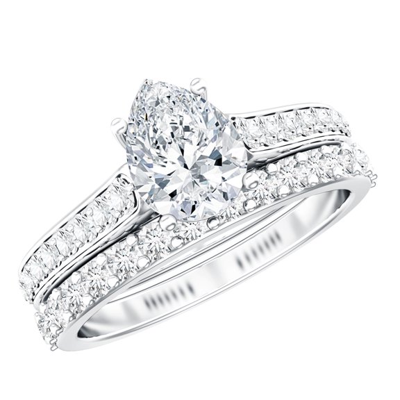 Rosec Jewels Certified Moissanite Wedding Ring Set of 2 - D-Vs1 Grade Teardrop Engagement Ring with Wedding Band, 925 Sterling Silver, US 4.00