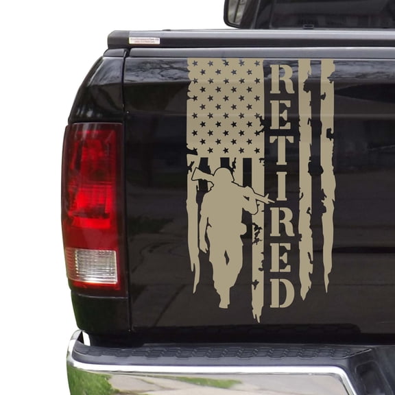 Retired Soldier Veteran Distressed American USA US Flag Truck Tailgate Vinyl Decal Compatible with most Pickup Trucks U.S. Army Sticker USAF USMC US Navy Decal (11" x 20", Beige)