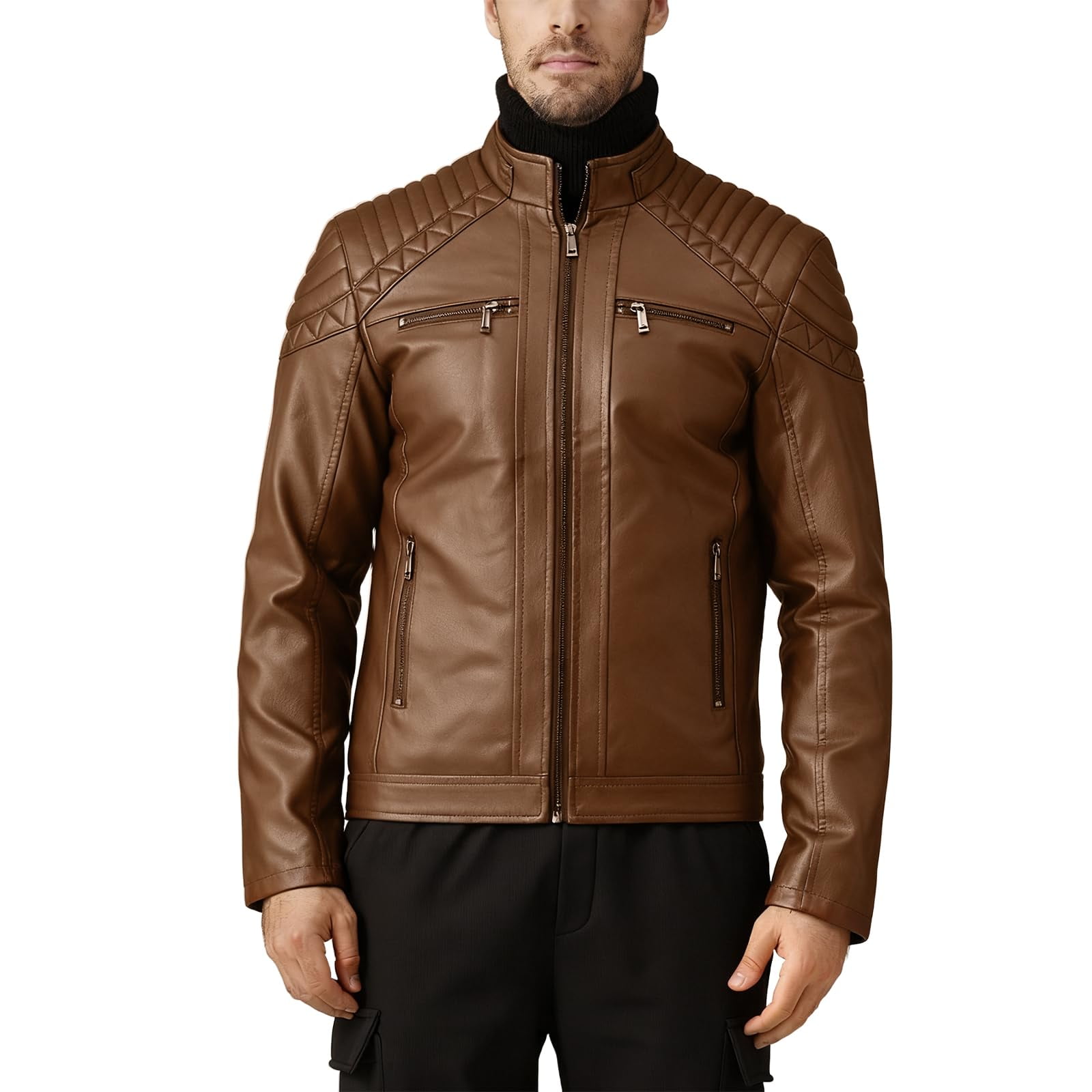 LEDUNTINO Men's Stand Collar Winter PU Faux Leather Fleece Lined Zip-Up Motorcycle Bomber Jacket Slim Fit Biker Coat