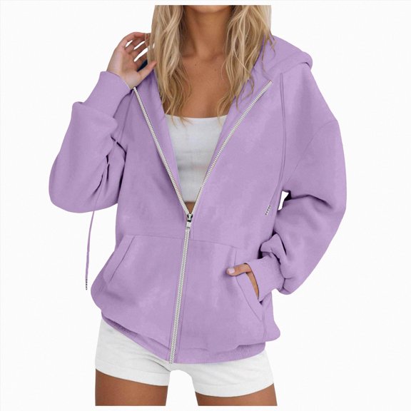 NOLDARES Womens Zip Up Hoodies Oversized Sweatshirt Fall Fashion Outfits Casual Hooded Jackets(Light Purple,M)