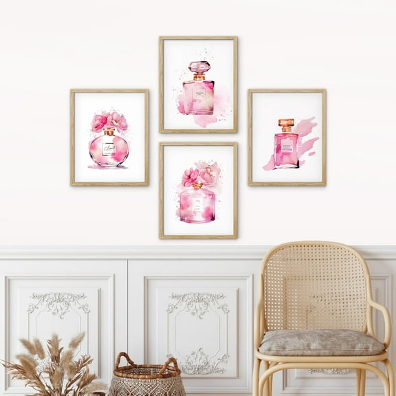 PixonSign Framed Wall Art Watercolor Pastel Fashion French Perfume Bottles Posters, Set of 4 Modern Stylish Pattern Illustrations, Preppy Room Adhesive Canvas Prints for Home Decor - 11"x14" Natural