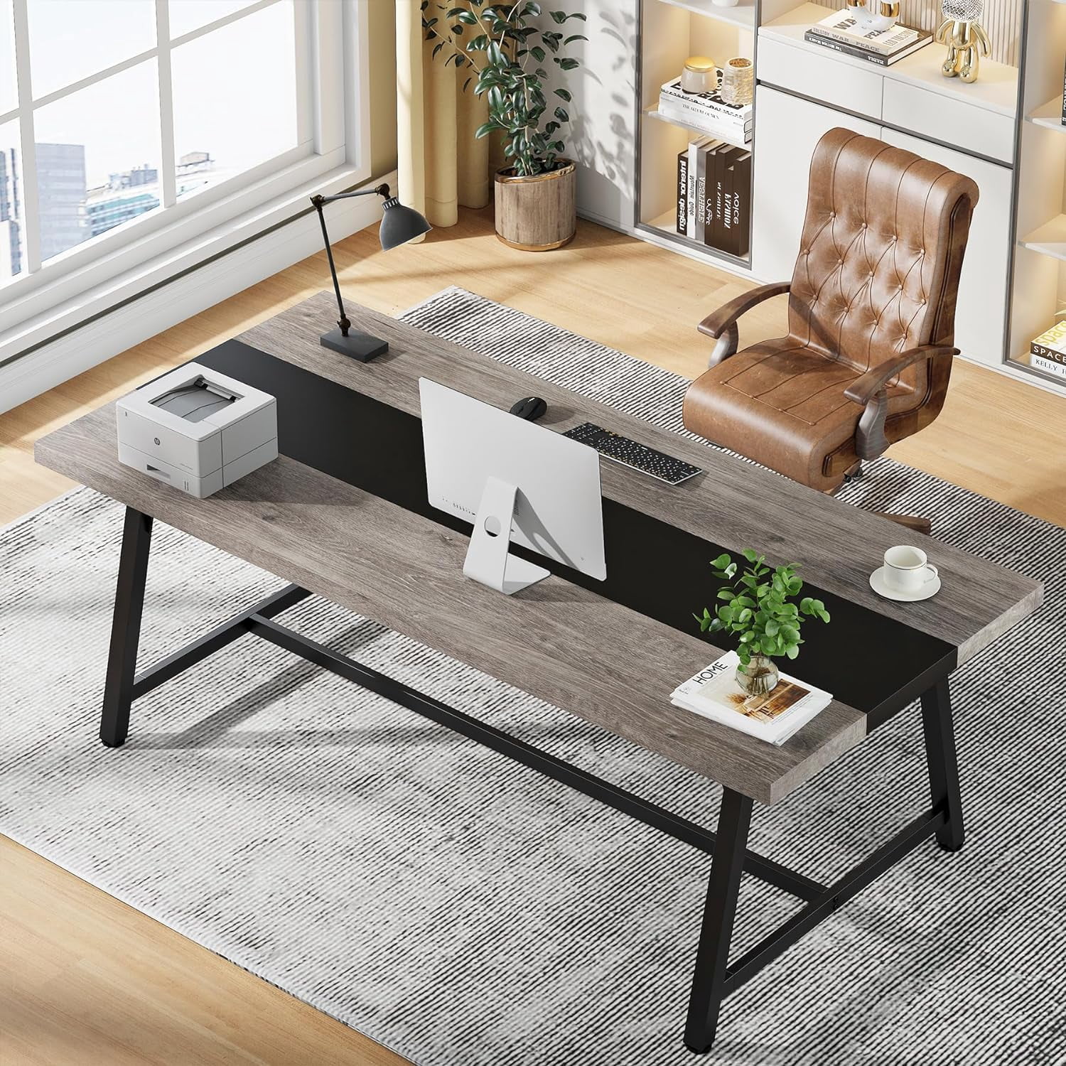 Finmind Executive Office Desk, Large Workspace, Modern Adult Writing Table, 70.87" L x 33.46" W x 29.92" H (Grey & Black)