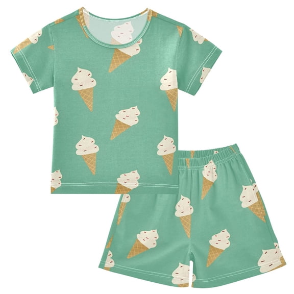 joogoo Turquoise Ice Cream Pattern Pajama Sets Short Sleeve Cotton 2-Piece Sleepwear 10Y