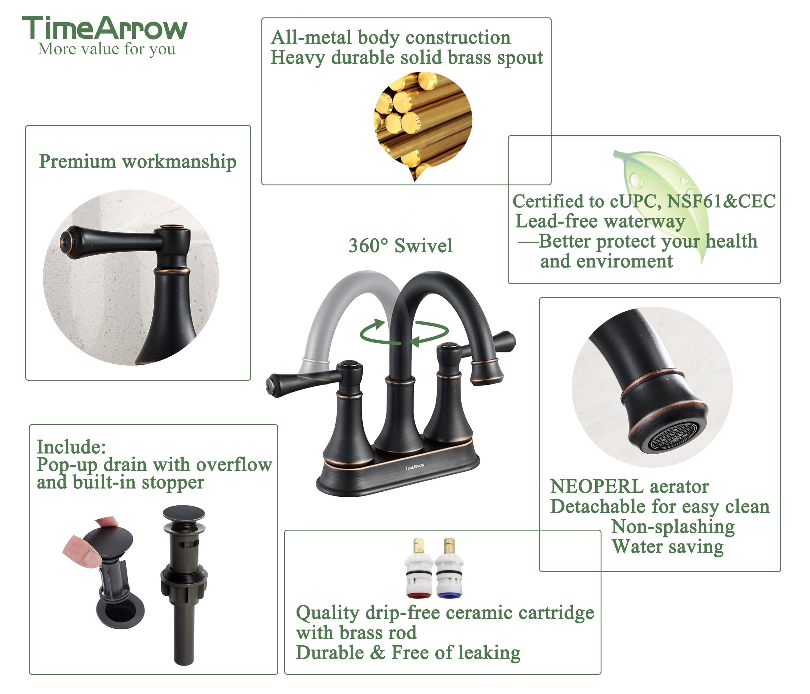 TimeArrow Oil Rubbed Bronze 2 Handle Centerset Bathroom Sink Faucet with Pop up Drain, High Arc Modern 4 Inch Bathroom Vanity Lavatory Faucet for 3 Holes with Brass 360° Swivel Spout, TAF067Y-ORB