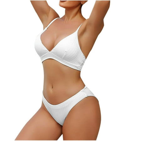 UTSJKR Deals Bathing Suit for Women 2 Piece Bikini Swimsuits Tie Back Spaghetti Straps Bikini Tops High Cut Thong Swimwear White L